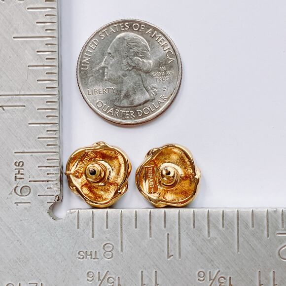 Vintage Signed Earrings Trifari Peacock Blue Enamel Gold Tone Knot Stud Posts - Picture 8 of 10